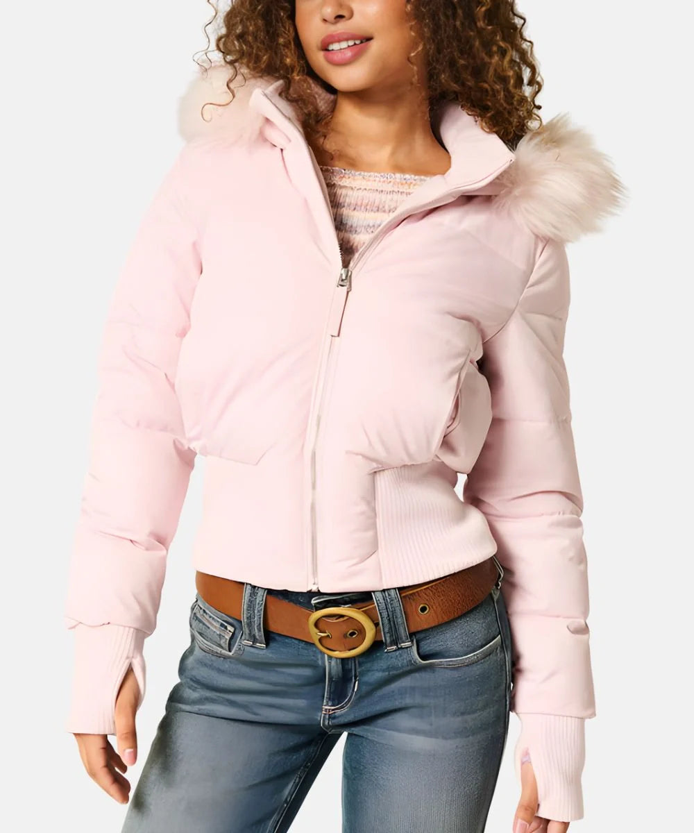 Gesteppte Winterjacke aus Leinen mit Kapuze und Kunstfellbesatz