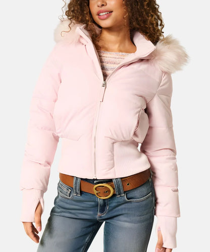Gesteppte Winterjacke aus Leinen mit Kapuze und Kunstfellbesatz
