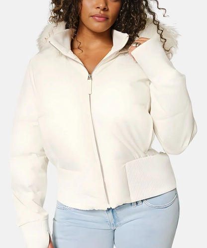 Gesteppte Winterjacke aus Leinen mit Kapuze und Kunstfellbesatz