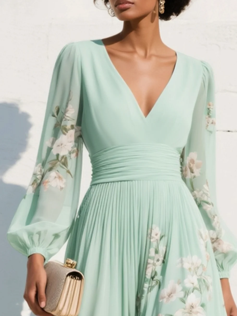 Chiffonkleid Damen in Hellgrün – Blumen-Midikleid, Detailansicht