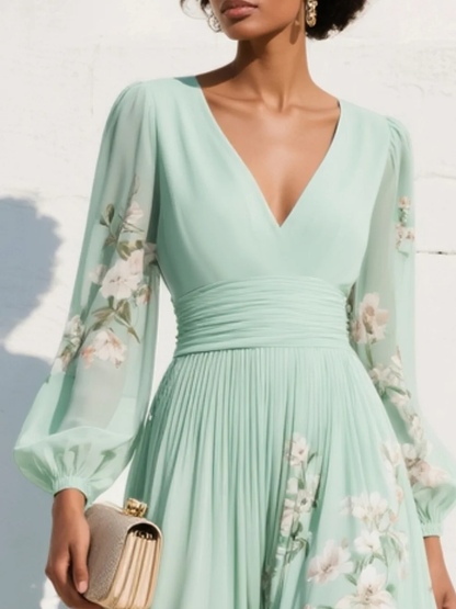 Chiffonkleid Damen in Hellgrün – Blumen-Midikleid, Detailansicht
