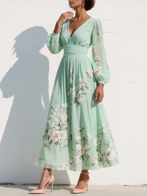 Chiffonkleid Damen in Hellgrün – Blumen-Midikleid mit Ballonärmeln, Detailansicht
