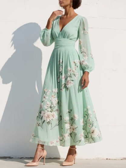 Chiffonkleid Damen in Hellgrün – Blumen-Midikleid mit Ballonärmeln, Detailansicht
