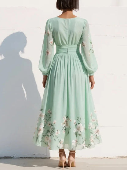 Chiffonkleid Damen in Hellgrün – Blumen-Midikleid, Detailansicht