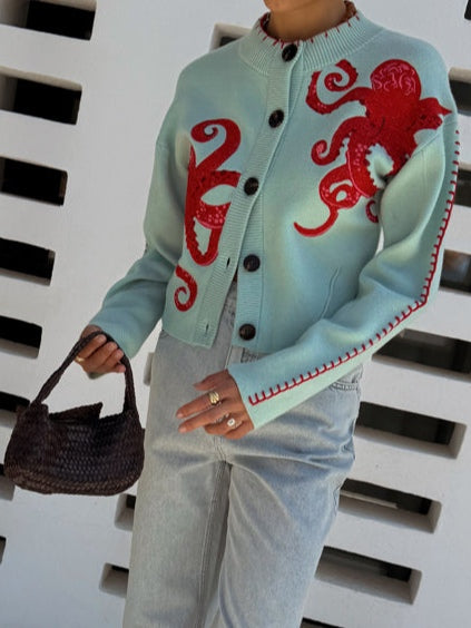 Strickjacke mit Oktopus-Print – Cardigan mit Knopfleiste und Rundhals