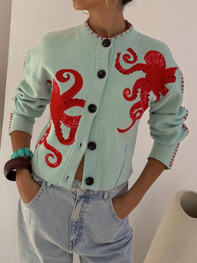 Strickjacke mit Oktopus-Print – Cardigan mit Knopfleiste und Rundhals