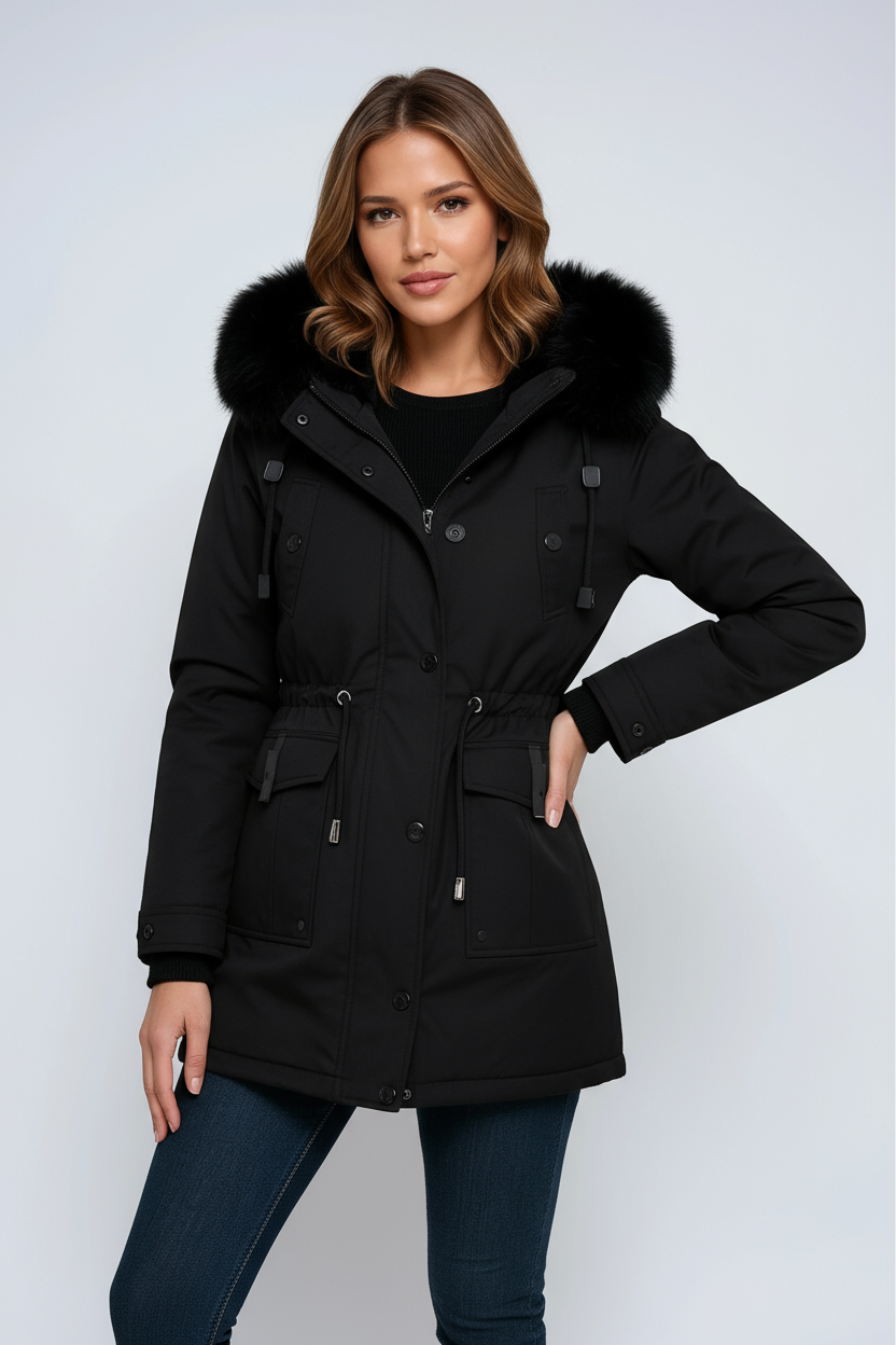 Damen Winter-Parka mit Kunstpelz-Kapuze in Schwarz – Winterjacke