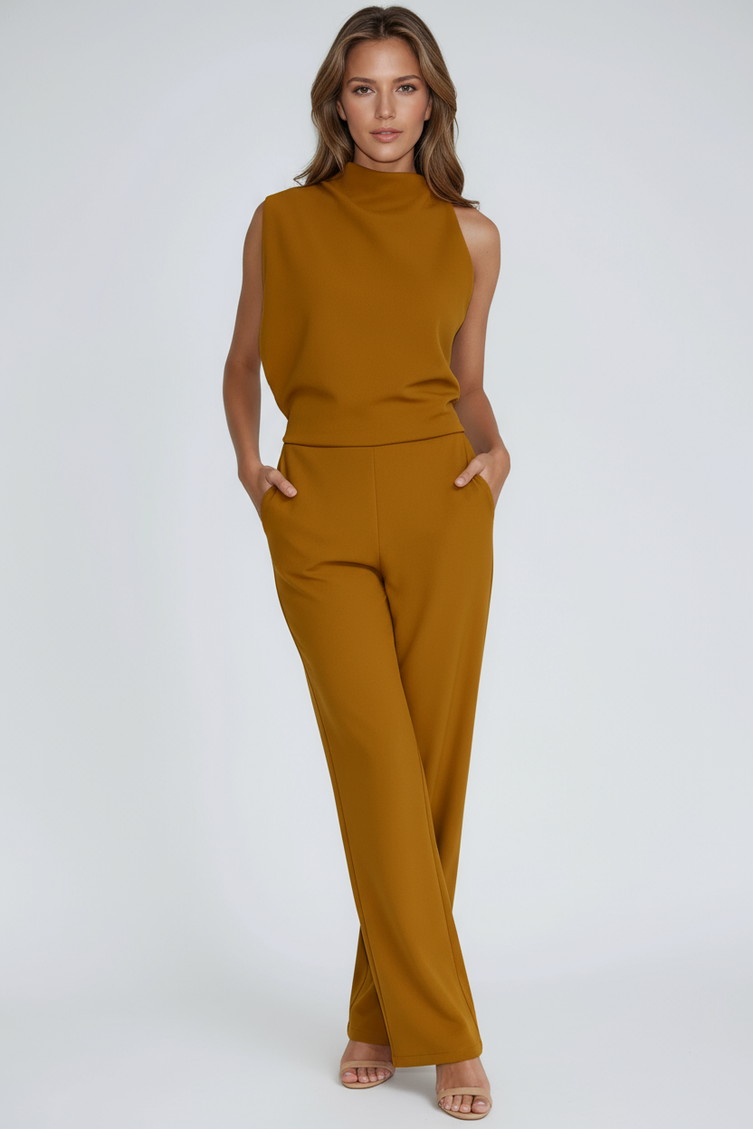 One-Shoulder-Jumpsuit Damen aus Polyester in Gelb – Wide-Leg-Jumpsuit