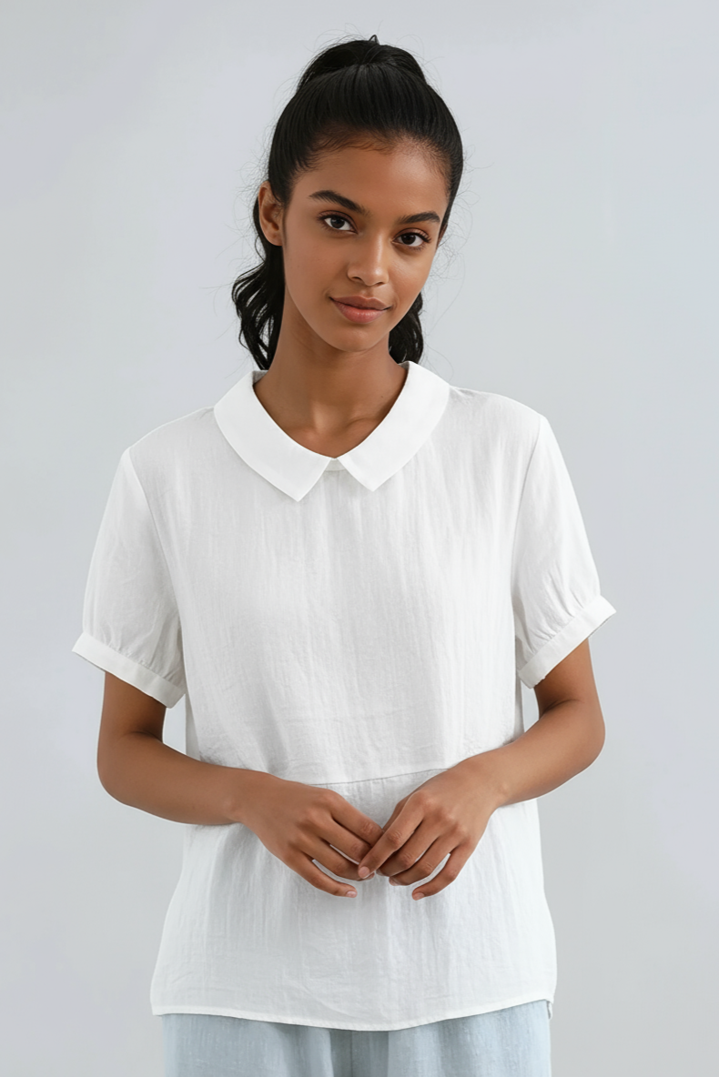 Bluse mit Bubikragen Damen aus Baumwolle in Weiß – Kurzarm-Bluse