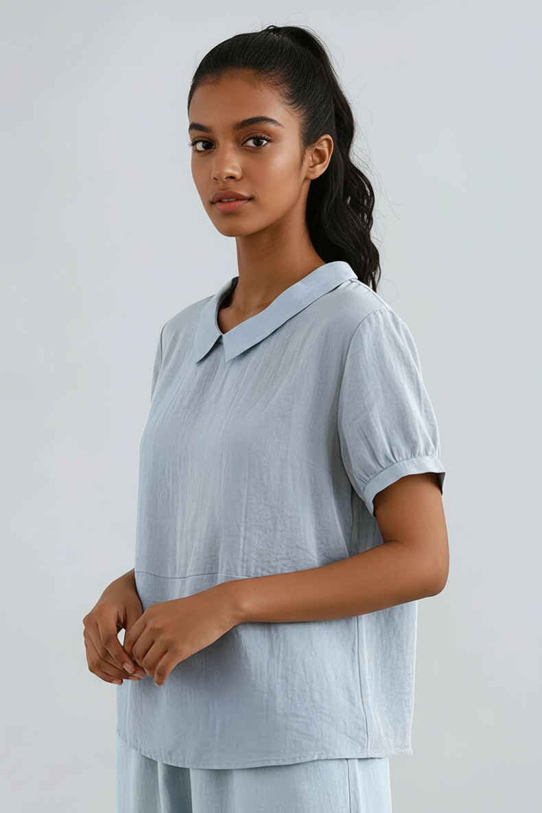 Bluse mit Bubikragen Damen aus Baumwolle in Hellblau – Kurzarm-Bluse