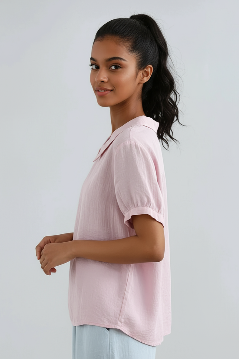 Bluse mit Bubikragen Damen aus Baumwolle in Rosa – Kurzarm-Bluse