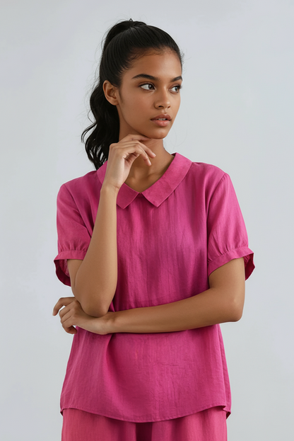 Bluse mit Bubikragen Damen aus Baumwolle in Lila – Kurzarm-Bluse