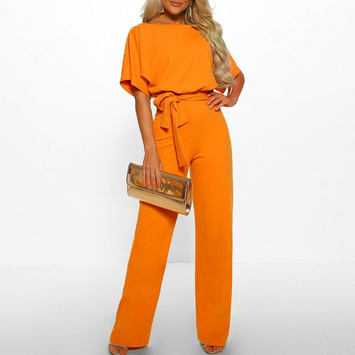 Wide-Leg-Jumpsuit Damen aus Polyester mit Gürtel in Dunkelorange – Overall