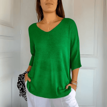 Pullover mit V-Ausschnitt – lockerer Strickpullover mit 3/4-Ärmeln