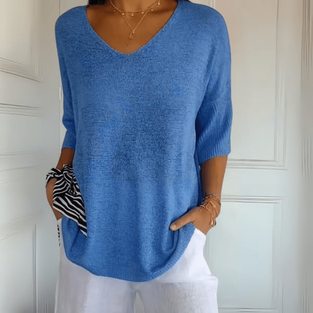 Pullover mit V-Ausschnitt – lockerer Strickpullover mit 3/4-Ärmeln