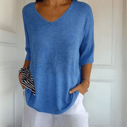 Pullover mit V-Ausschnitt – lockerer Strickpullover mit 3/4-Ärmeln