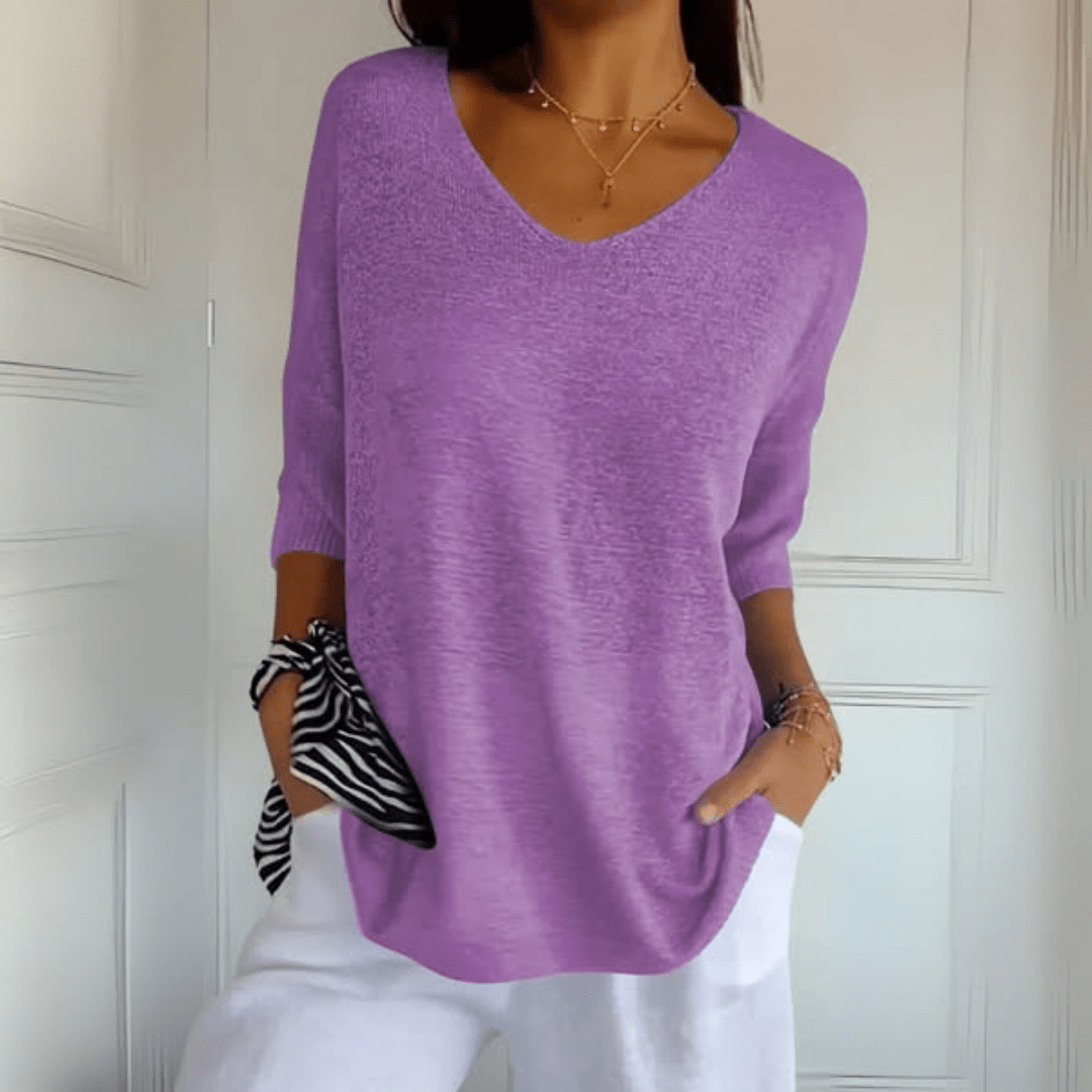 Pullover mit V-Ausschnitt – lockerer Strickpullover mit 3/4-Ärmeln