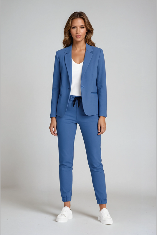 Blazer-Hosen-Set Damen aus Polyester in Blau – Hosenanzug mit Kordelzug-Hose, Vorderansicht