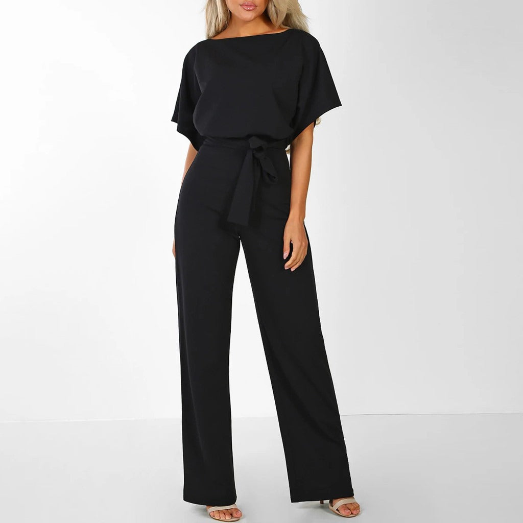 Wide-Leg-Jumpsuit Damen aus Polyester mit Gürtel in Schwarz – Overall