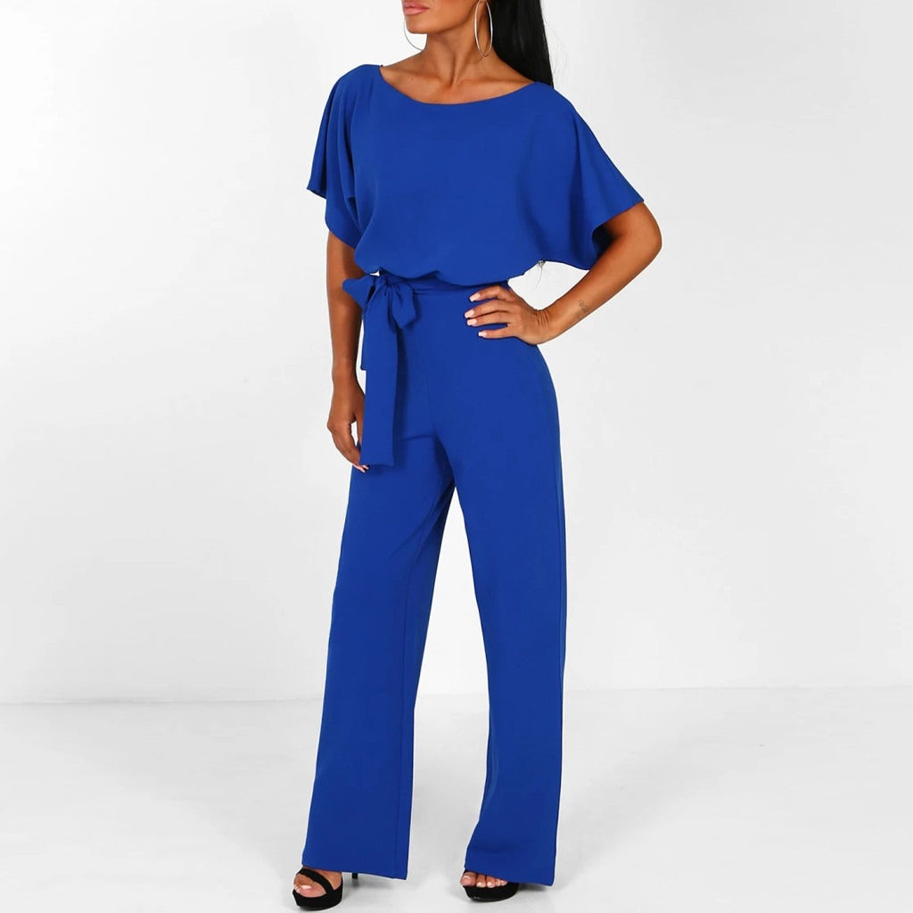 Wide-Leg-Jumpsuit Damen aus Polyester mit Gürtel in Königsblau – Overall