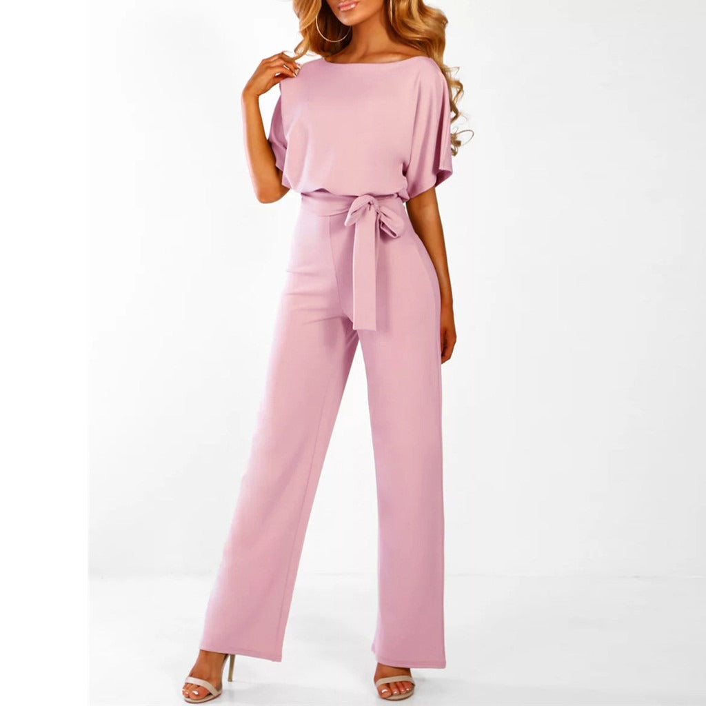 Wide-Leg-Jumpsuit Damen aus Polyester mit Gürtel in Rosa – Overall