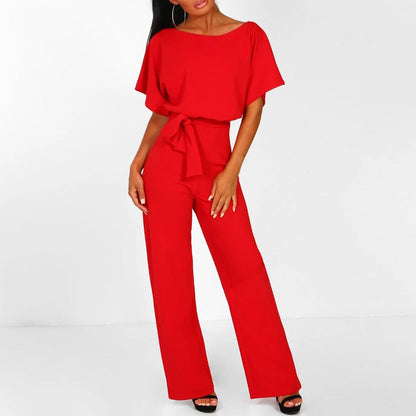 Wide-Leg-Jumpsuit Damen aus Polyester mit Gürtel in Rot – Overall