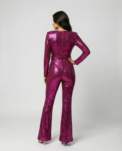 Damen Pailletten-Jumpsuit langarm – eleganter Overall