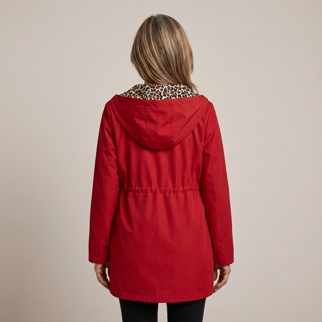 Wende-Mantel Damen mit Kapuze – Jacke mit Leopardenmuster aus Baumwollmischung