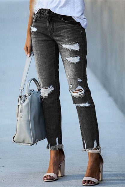 Damen Straight-Jeans aus Denim im Used-Look – Destroyed-Jeans, Detailansicht