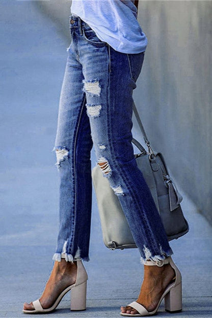 Damen Straight-Jeans aus Denim im Used-Look – Destroyed-Jeans, Detailansicht