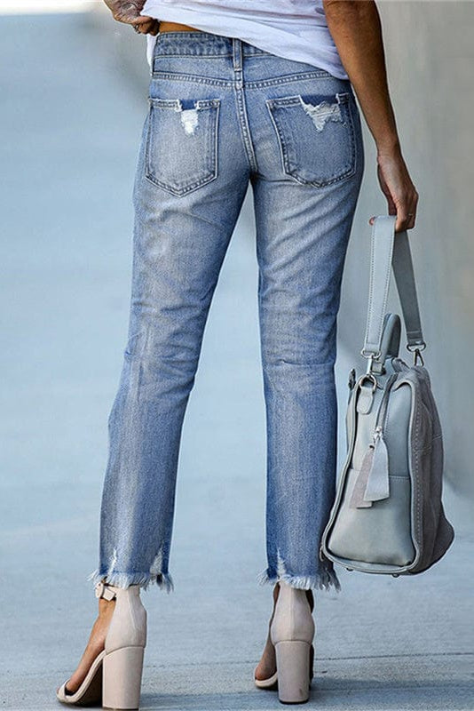 Damen Straight-Jeans aus Denim im Used-Look mit offenem Saum – Detailansicht