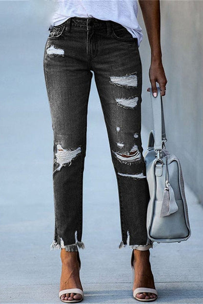 Damen Straight-Jeans aus Denim im Used-Look in Schwarz – Destroyed-Jeans