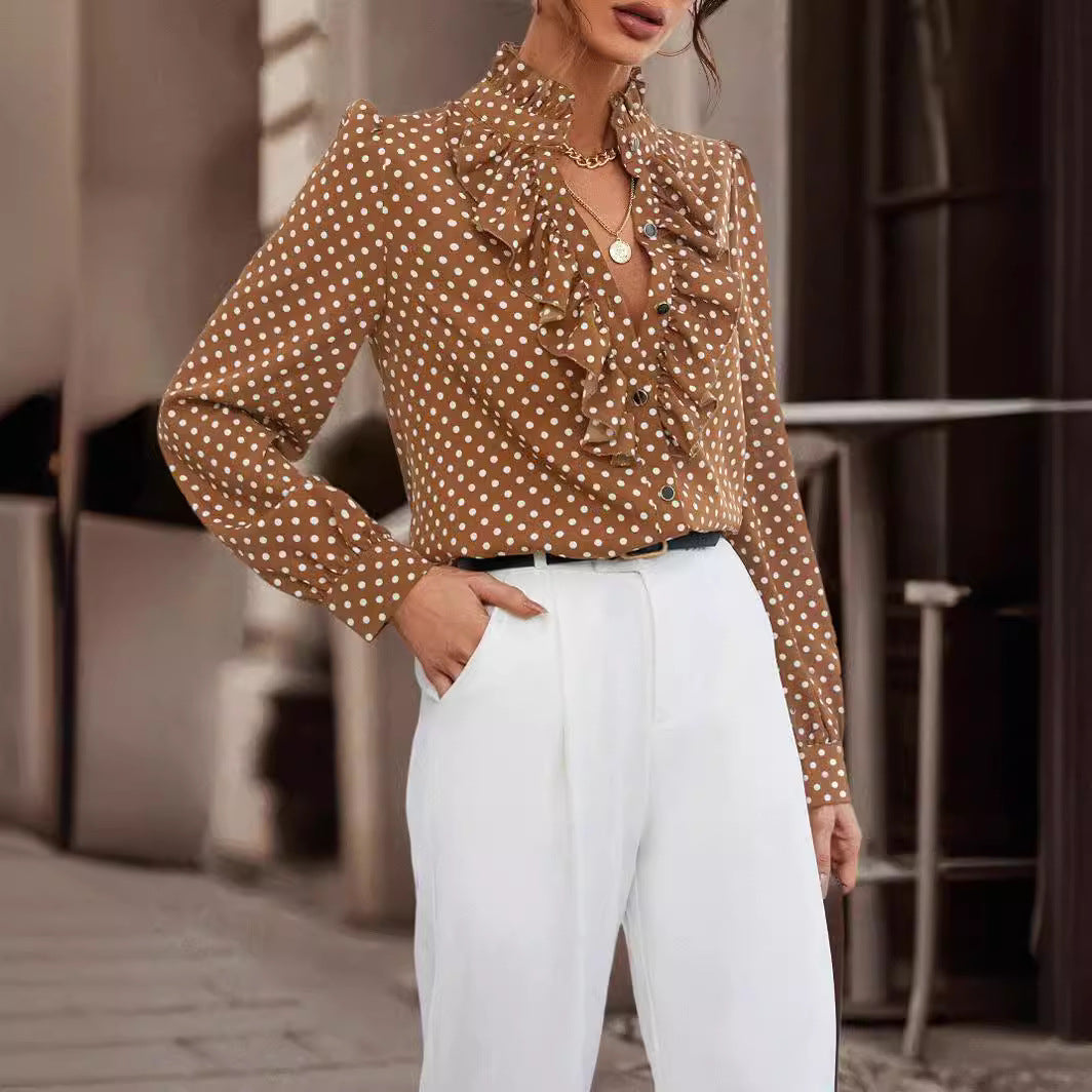 Rüschenbluse Damen aus Polyester in Braun – Langarm-Bluse mit Rüschen, Detailansicht