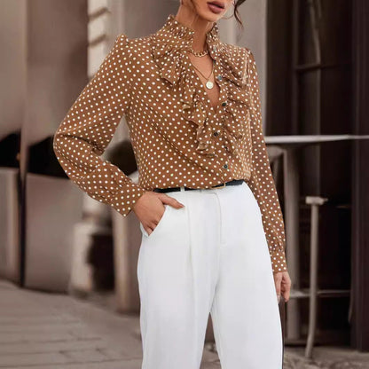 Rüschenbluse Damen aus Polyester in Braun – Langarm-Bluse mit Rüschen, Detailansicht