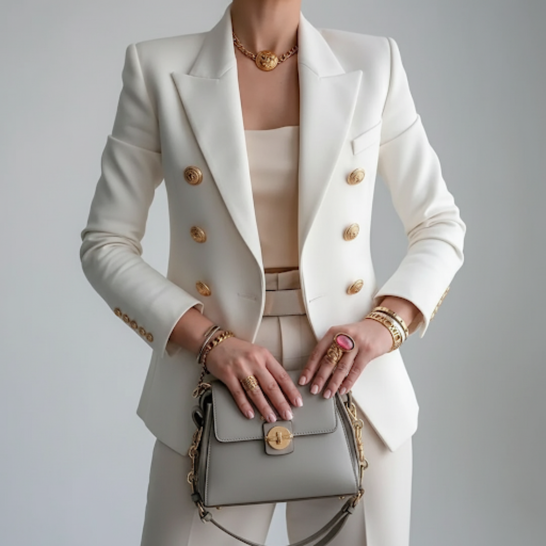 Zweireihiger Blazer Damen aus Polyester in Weiß – taillierter Blazer mit Reverskragen, Vorderansicht
