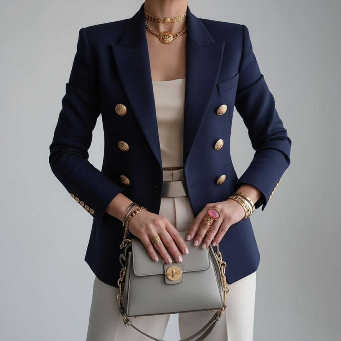 Zweireihiger Blazer Damen aus Polyester in Königsblau – taillierter Blazer, Detailansicht