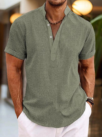Leinenhemd aus Baumwoll-Leinen – Sommerhemd mit Henley-Kragen und kurzen Ärmeln