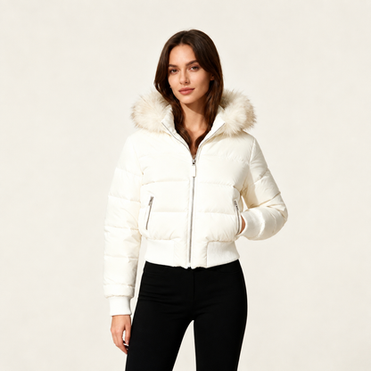 Gesteppte Winterjacke Damen aus Leinen mit Kapuze und Kunstfellbesatz