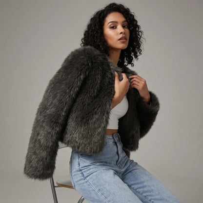 Damen Kunstpelz-Cardigan kurz – flauschige Jacke