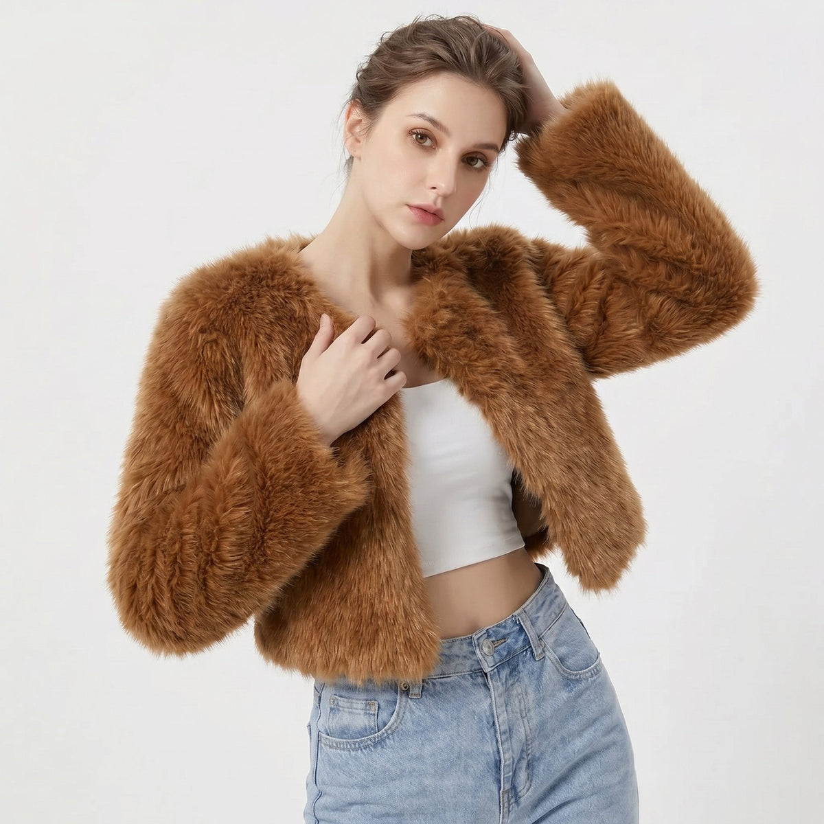 Damen Kunstpelz-Cardigan kurz – flauschige Jacke