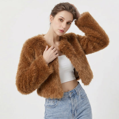 Damen Kunstpelz-Cardigan kurz – flauschige Jacke