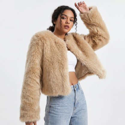 Damen Kunstpelz-Cardigan kurz – flauschige Jacke