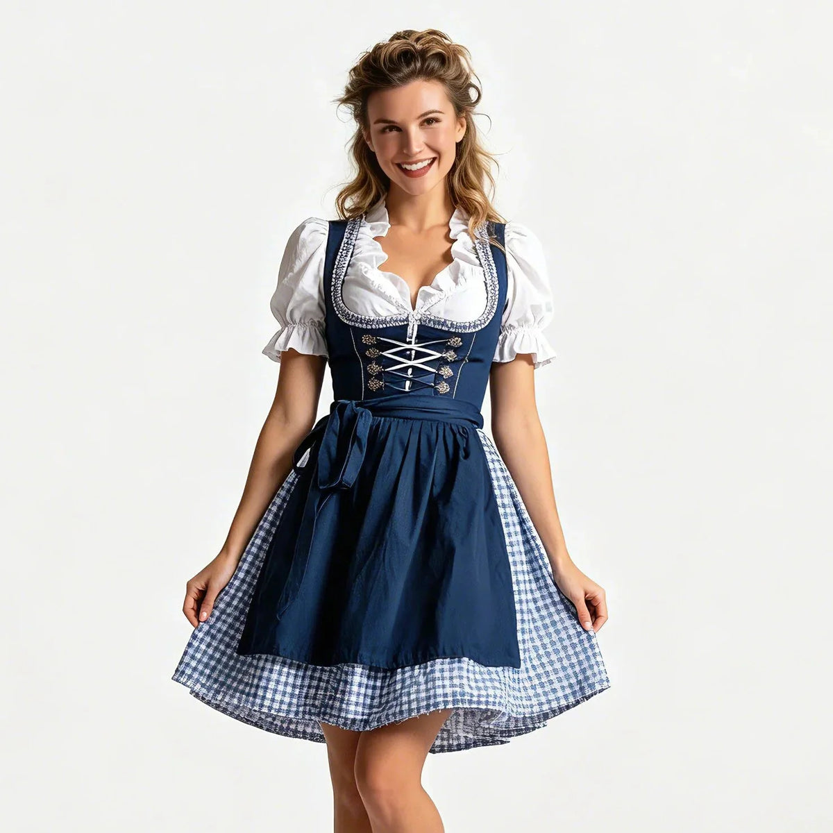 Dirndl Damen mit Schürze und Bluse Trachtenkleid-Set Marineblau