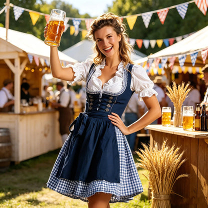 Dirndl Damen mit Schürze und Bluse – Trachtenkleid-Set in Marineblau