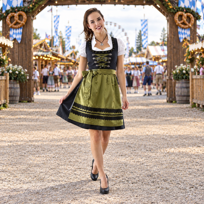 Dirndl Damen luxuriös in Schwarz/Olivgrün – Trachtenkleid