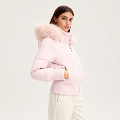 Gesteppte Winterjacke Damen aus Leinen mit Kapuze und Kunstfellbesatz