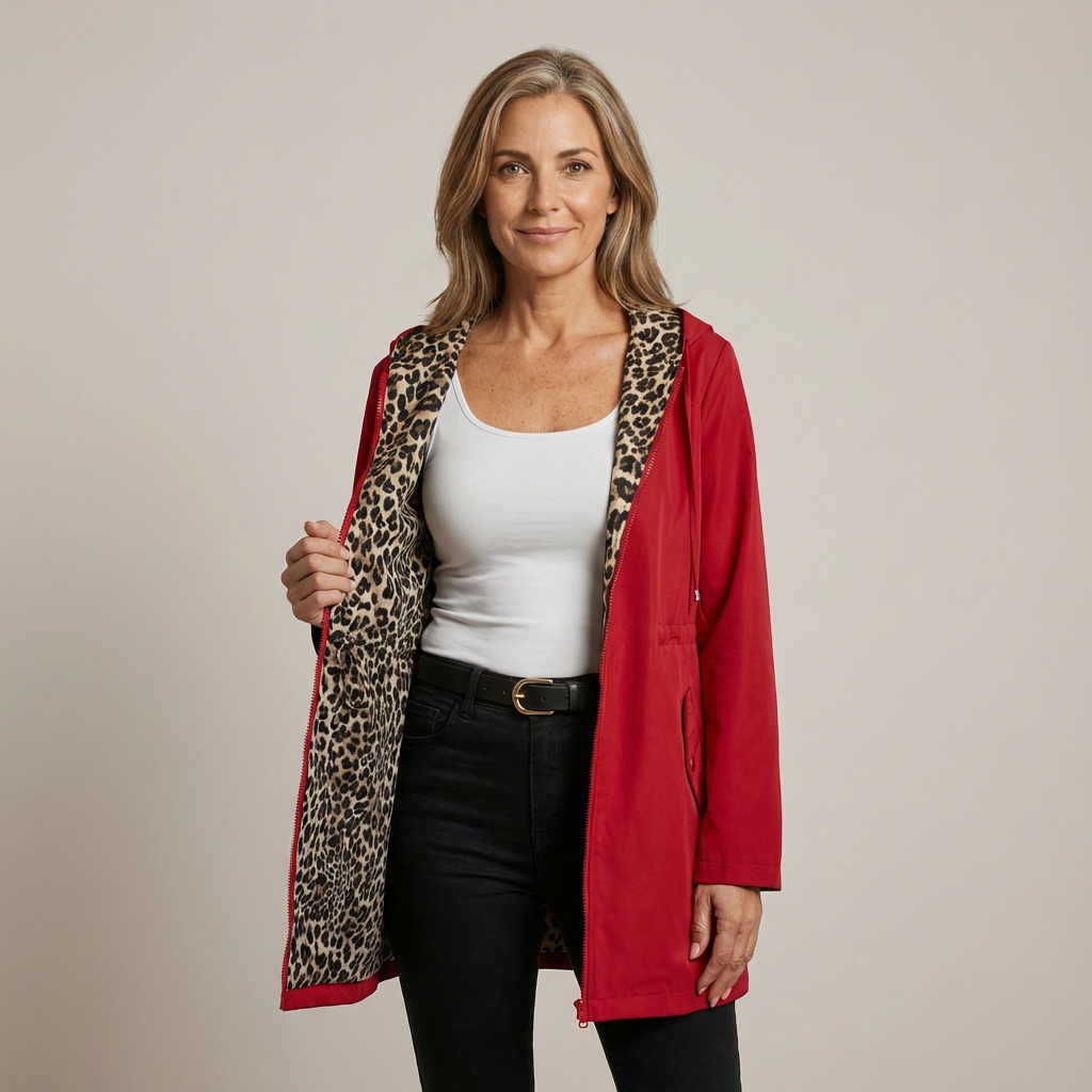 Wende-Mantel Damen mit Leopardenmuster und Kapuze