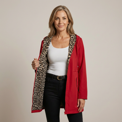Wende-Mantel Damen mit Kapuze – Jacke mit Leopardenmuster aus Baumwollmischung