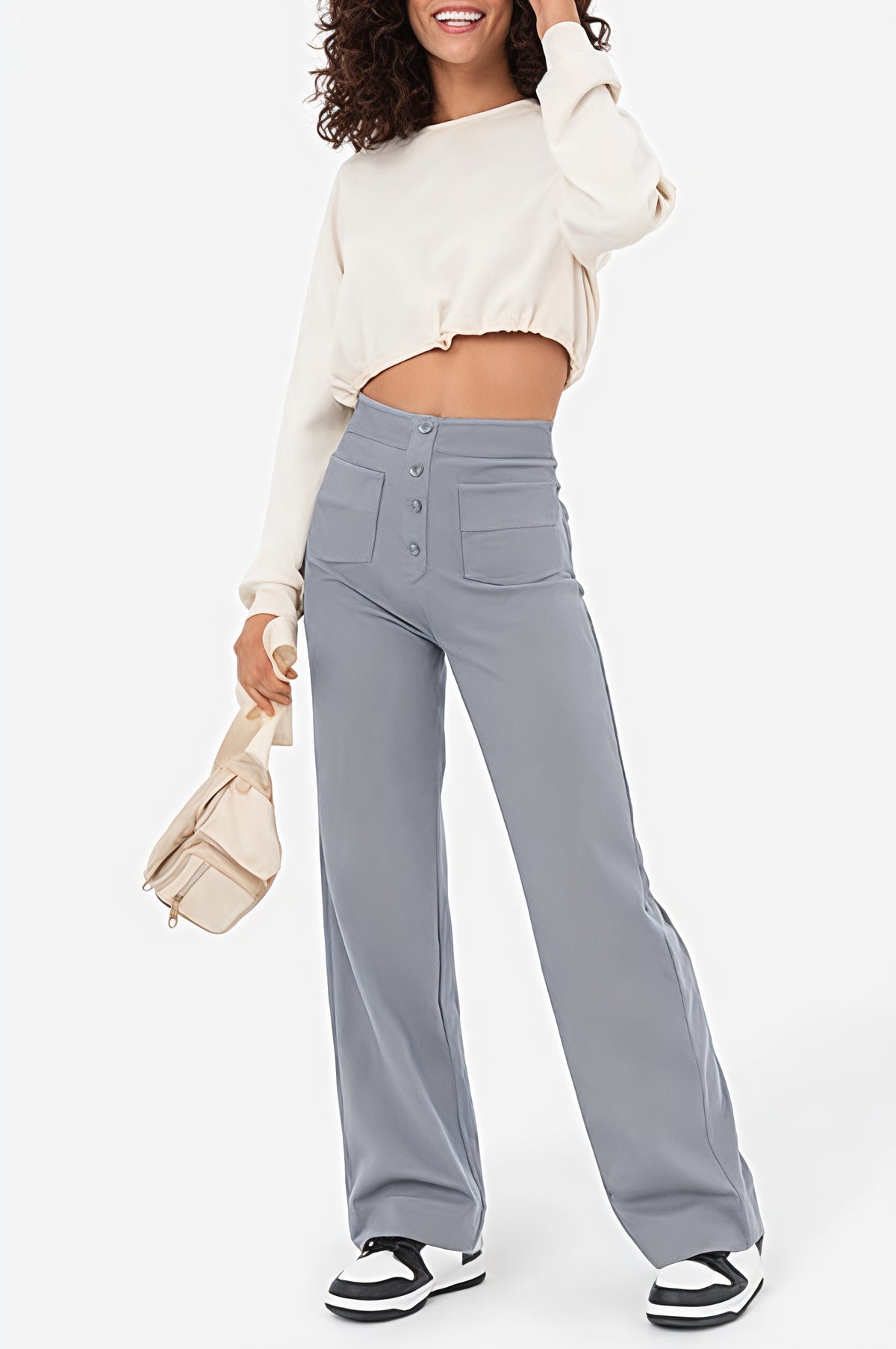 Stretch-Leinenhose Damen mit hoher Taille und weitem Bein – Hose mit weitem Bein und Knopfdetail
