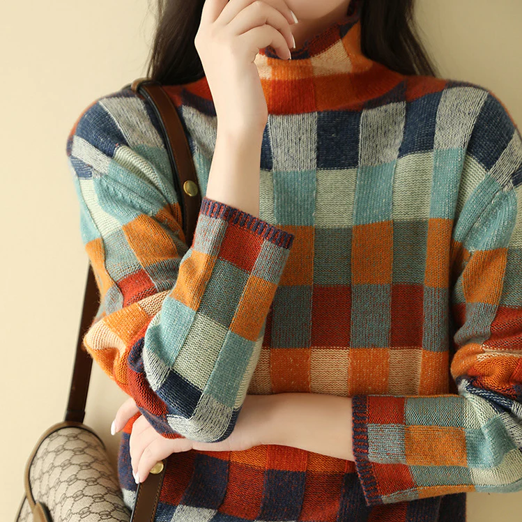 Bunter Strickpullover Damen mit Rollkragen